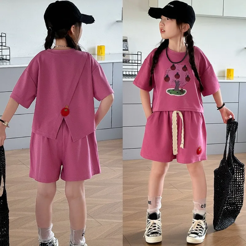 

Summer Children Girls Clothes Set Pastoral Style Short Sleeve T-shirts and Shorts 2pcs Suit Teenage Fashion Top Bottom Outfits