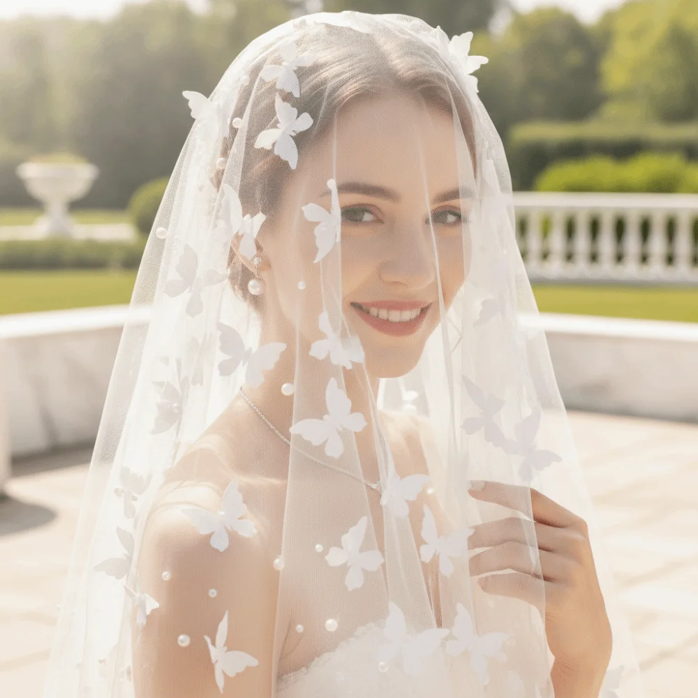 Soft Mesh Bridal Wedding Veil Dual Layer Hair Clip Butterfly Mesh Headpiece Wrinkle Free Light Weight Short Tulle Veil