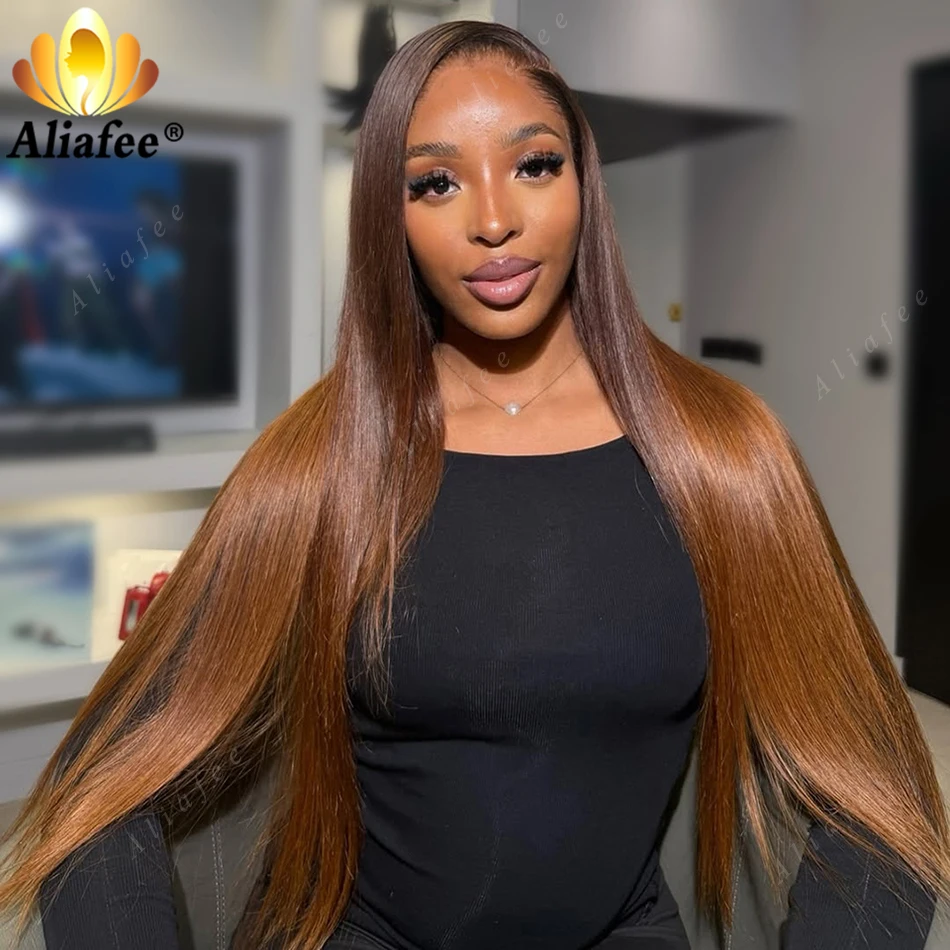 

Natural Transition Blend Ombre Chocolate Brown To Ginger Long Silky Straight Wig 13x6 13x4 Transparent Lace Front Human Hair Wig