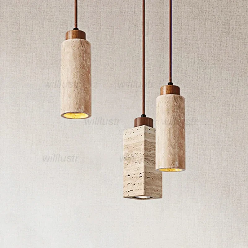 Yellow Travertine Pendant Lamp Stone Cubiod Cylinder Suspension Light Hotel Cafe Bar Bedside Wood Hanging Ceiling Chandelier