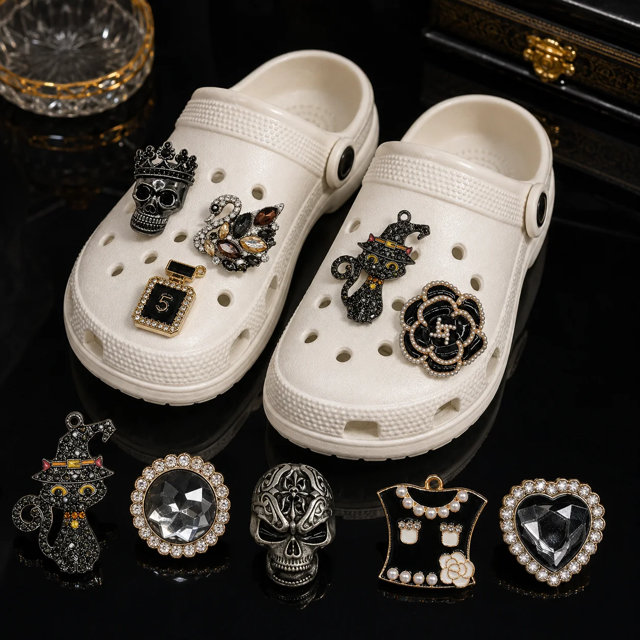 1/10PCS Luxury Metal Shoe Charms Set Rhinestone Pearl Skull Cat Flower Detachable Pins for Clogs Gothic Glam Accessories Gifts