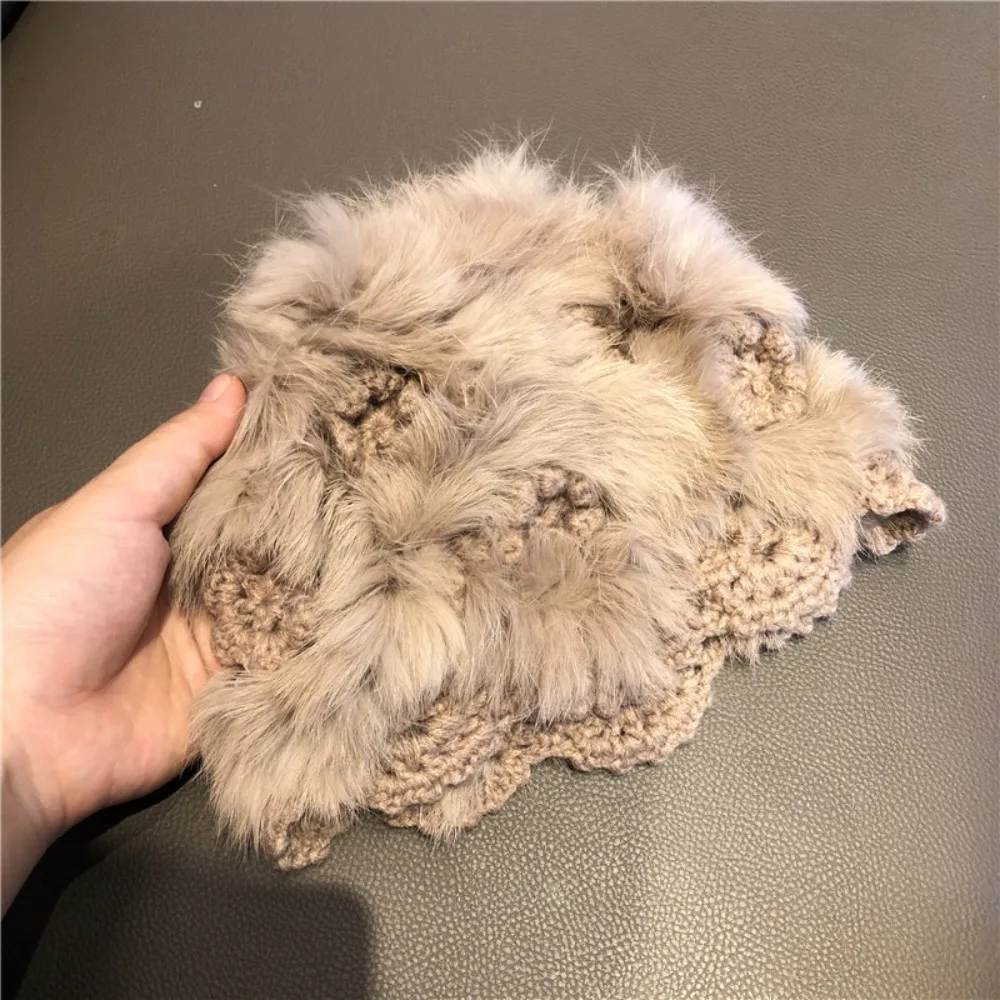 Fashionable Multicolor Crochet Rabbit Fur Hat Plush White Plush Toe Cap Warm Windproof Ear Protection Hat Girls