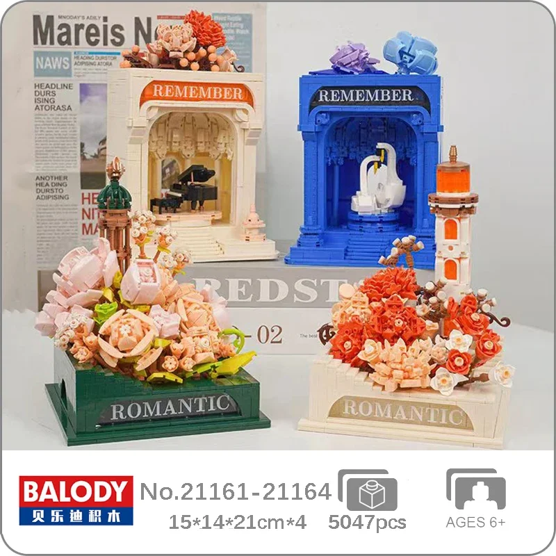 Balody Romantic Remember Eternal Flower Swan Bird Pet Piano Music Tower Lighthouse Model Mini Blocks Bricks Building Toy No Box