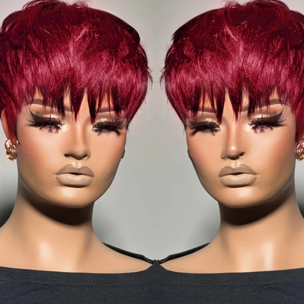 99Jカラーピクシーカットストレート人毛ウィッグ女性用フルマシンメイドウィッグショートレイヤードストレートウィッグ前髪付き