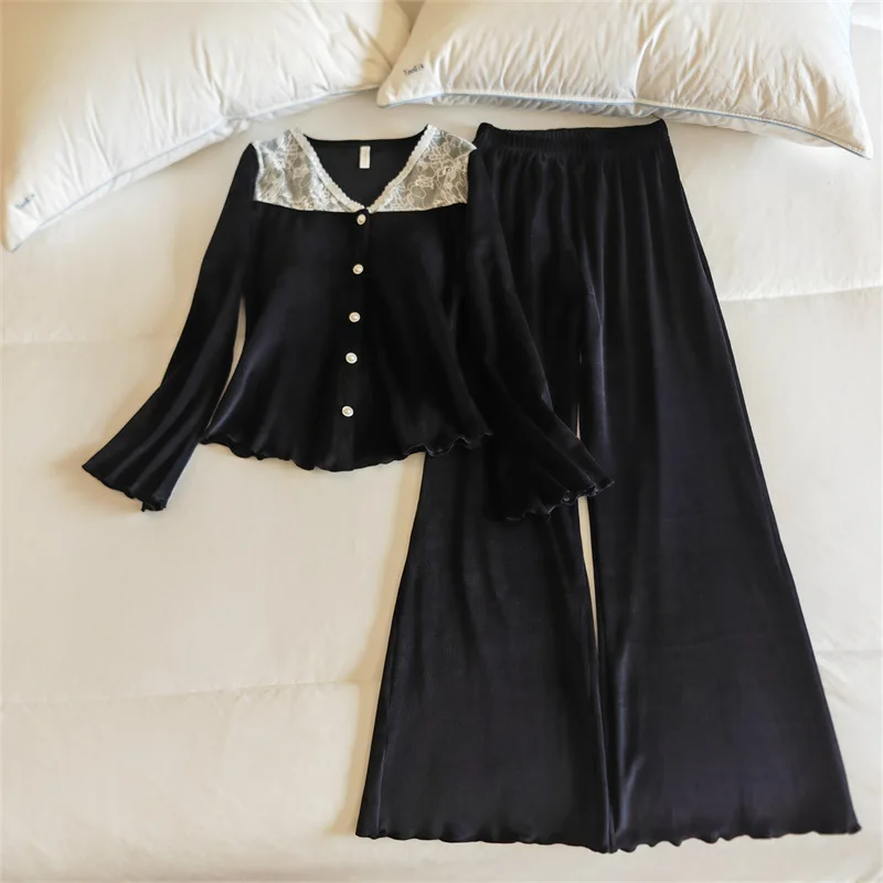 ملابس نوم دافئة لجزيرة الشتاء المخملية المرأة منامة مجموعة الدانتيل وسادة الصدر طويلة الأكمام أعلى بنطلون مجموعات ملابس المنزل سميكة