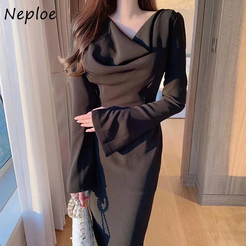 Neploe French Elegant Pile Collar Dress Women Spring Autumn New High Waist Solid Color Vestidos De Mujer Long Flare Sleeve Robe