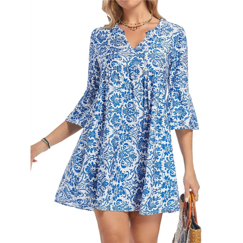 FX-Damen-Sommer-Boho-Kleid 2025, lässig, V-Ausschnitt, Babydoll, Rüschenärmel, Blumenmuster, Mini-Tunika, zierliches Sommerkleid