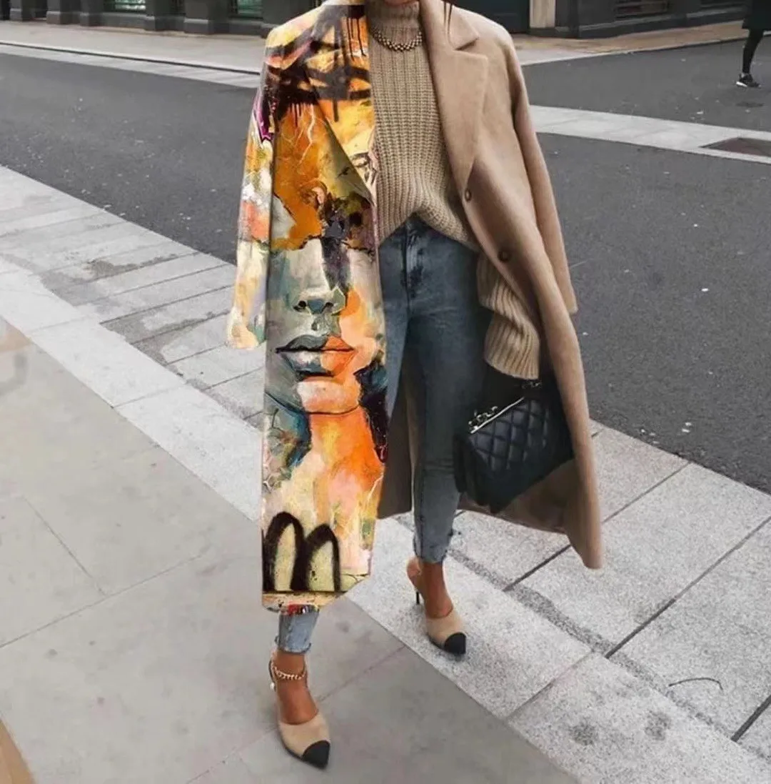 Women Wool Blends Jackets Print Single Button Wool Coat Long Sleeve Cardigan Pockets Patchwork Casual Outerwear Loose Coats 2025