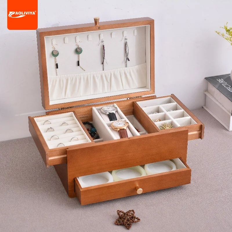 Aoliviya Wooden Desktop Jewelry Storage Box Double-Layer Large Capacity Multi-Purpose Stud Earrings Necklace Watch Wooden Jewelr