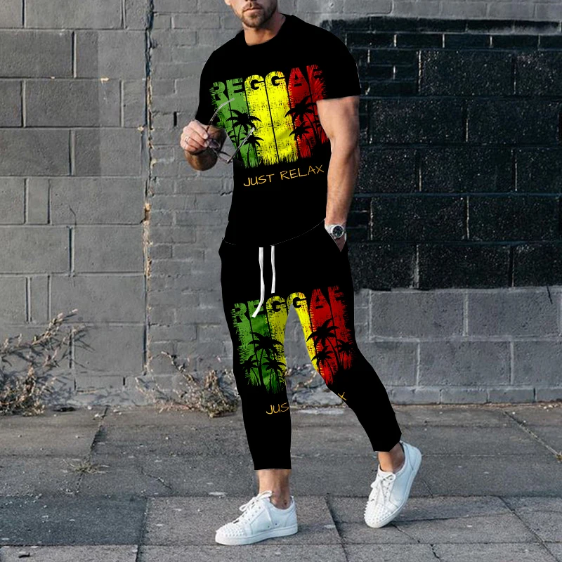 New Summer Men Clothing Bob Marley Reggae Music 3d Print Tracksuits Short Sleeve T Shirt Long Pants 2 Piece Sets Outfits Casual