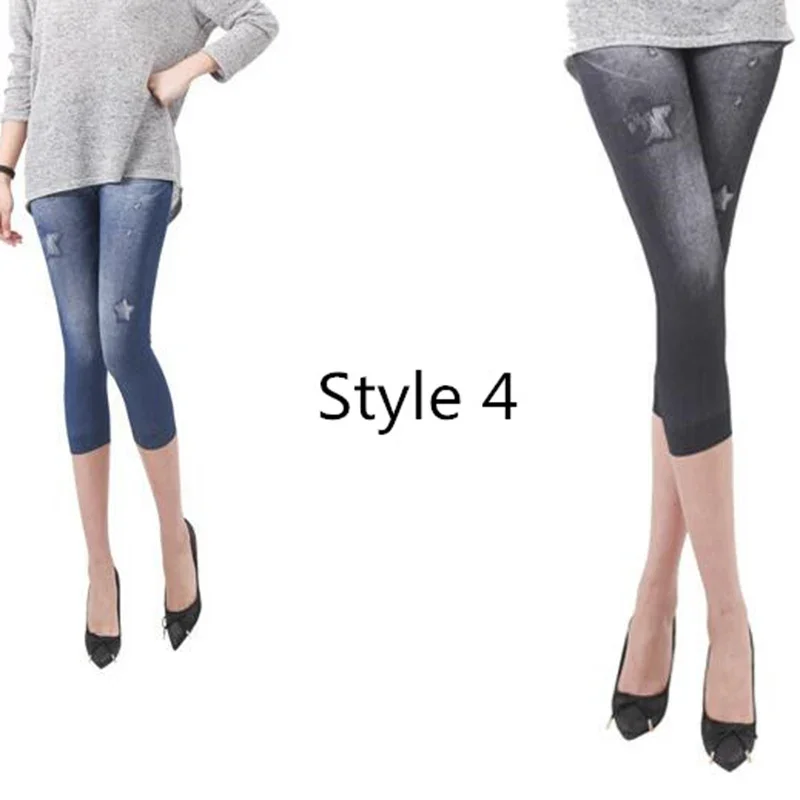 Hot Summer Spring Women Casual Seamless Imitation Cowboy Printed Leggings Stretch Skinny Cropped To the Calf Leggings Half Pants