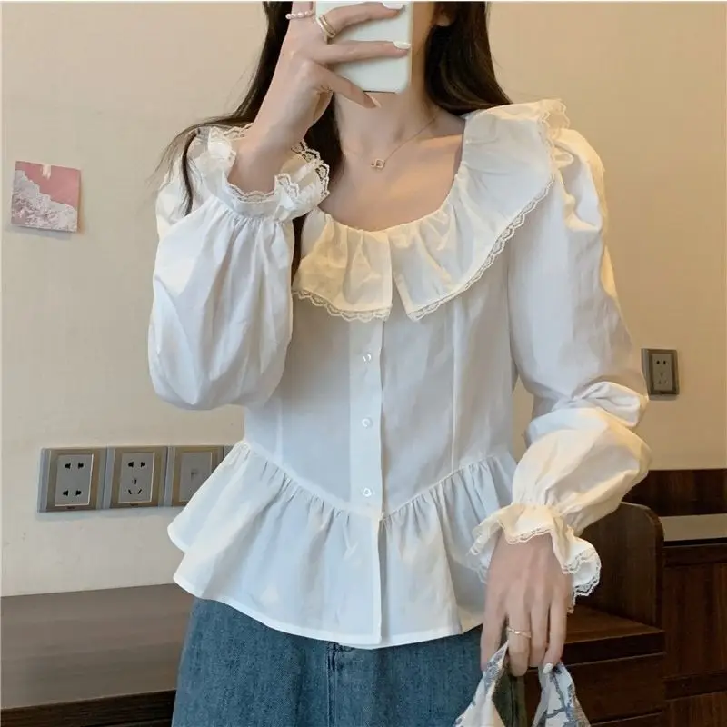 Shirt Doll Collar Ruffled Pure Cotton Spring Style Sweet Age-Reducing Loose Slimming Super Fairy White Shirt