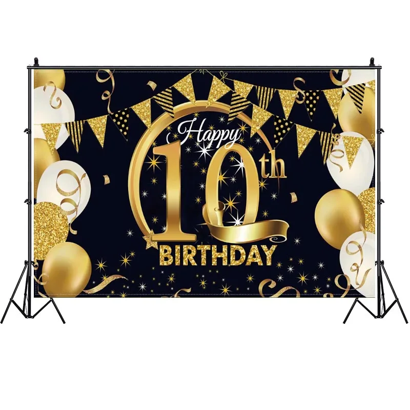 Black Glod 10 Backdrop Baby Shower Meninos Meninas 10 Anos de Aniversário Festa de Fotografia Personalizada Photo Studio Banner