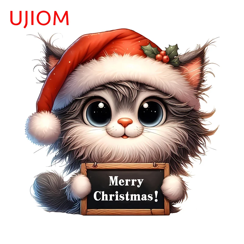UJIOM 13cm × 12.5cm Christmas Style Chibi Kitten Wall Sticker Funny Festival Cartoon Animal Graphics Decals Adhesive Wallpapers