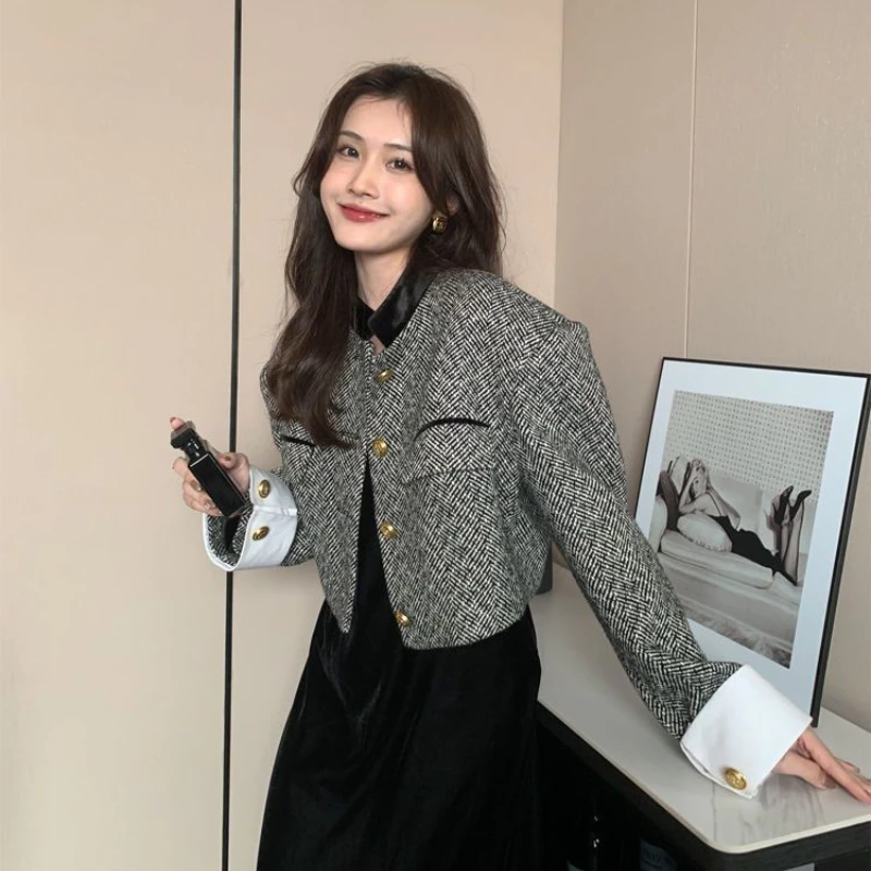 Cropped Blazers Women Loose Vintage French Style Aesthetic Designed Chic Temperament Panelled Spring Coats Office Lady All-match