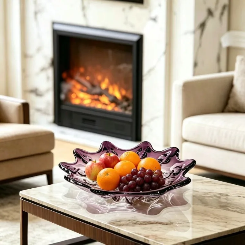 Light luxury purple glazed fruit plate, living room coffee table creative petal fruit plate, household high-value decorative orn