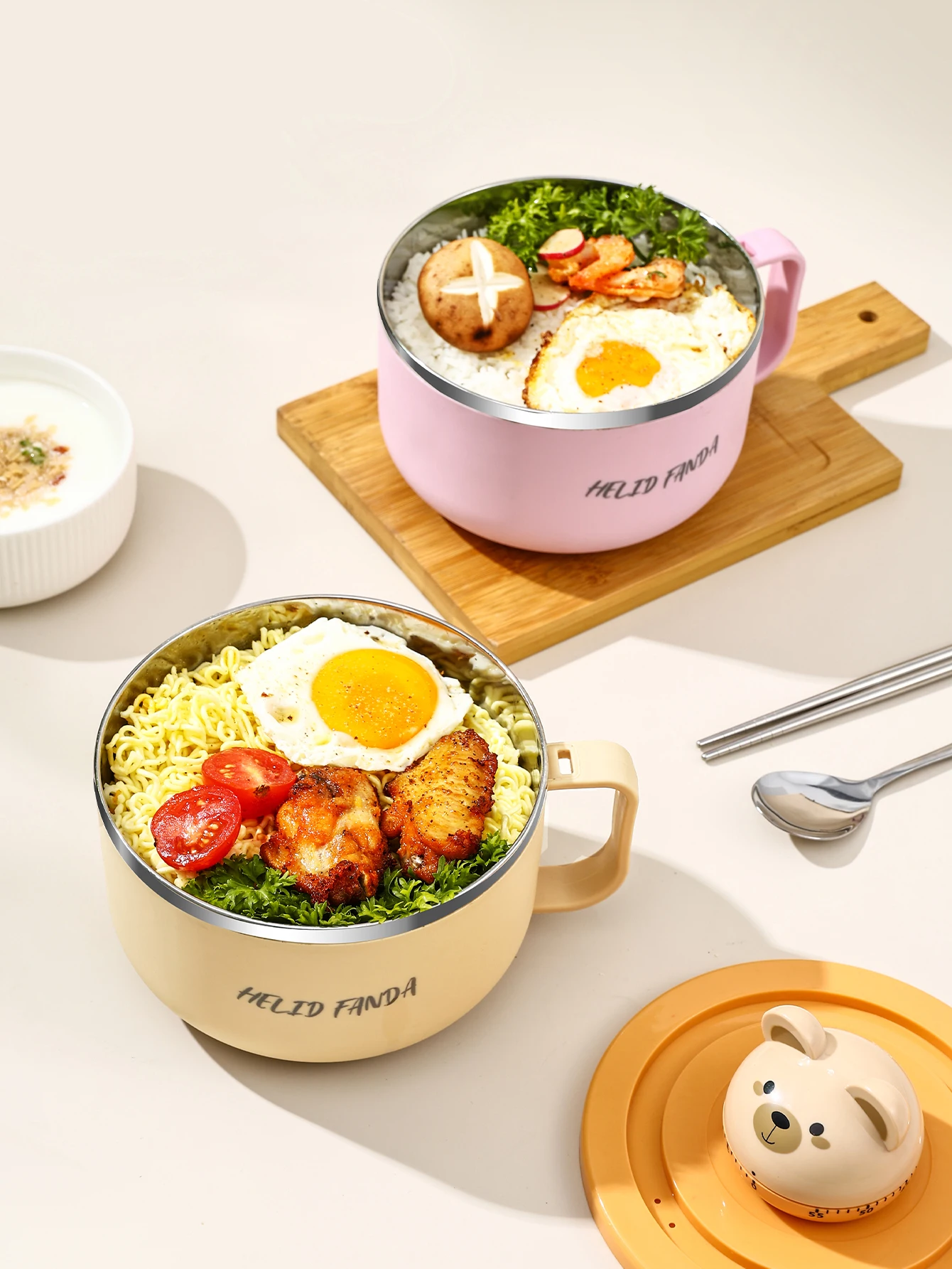 304 Timer Instant Noodle Bowl Stainless Steel Cute Bear Large Capacity Keep Food Warm Food Containers For Student Kids