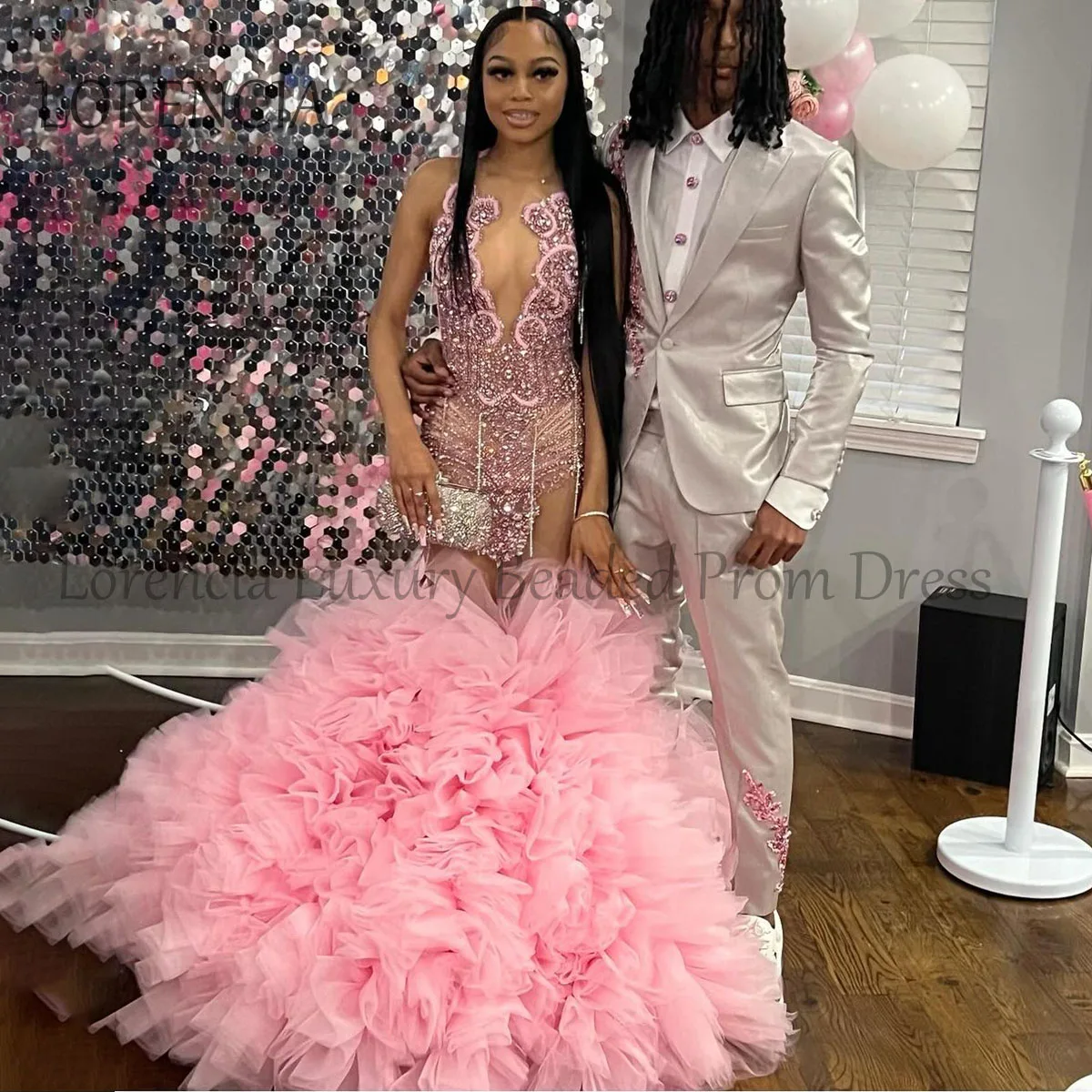 

Pink Mermaid Prom Dresses For Black Girls Ruffle Tassel Diamonds Crystal Birthday Party Gown Formal Sleeveless robe chic soirée