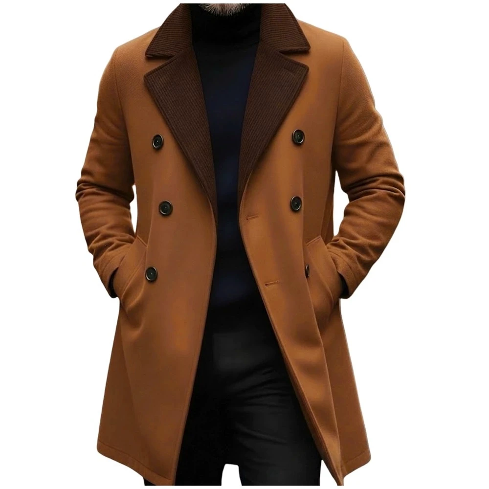 Men Contrast Notched Lapel Woolen Overcoat Double Breasted Mid‑Length Coat Vintage Business Gentleman Winter Outer Jacket