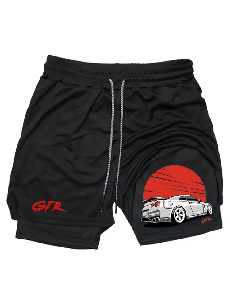 

Мужские двухслойные спортивные шорты 2-в-1, быстросохнущие шорты для бега с принтом автомобиля и карманами для фитнеса WX034