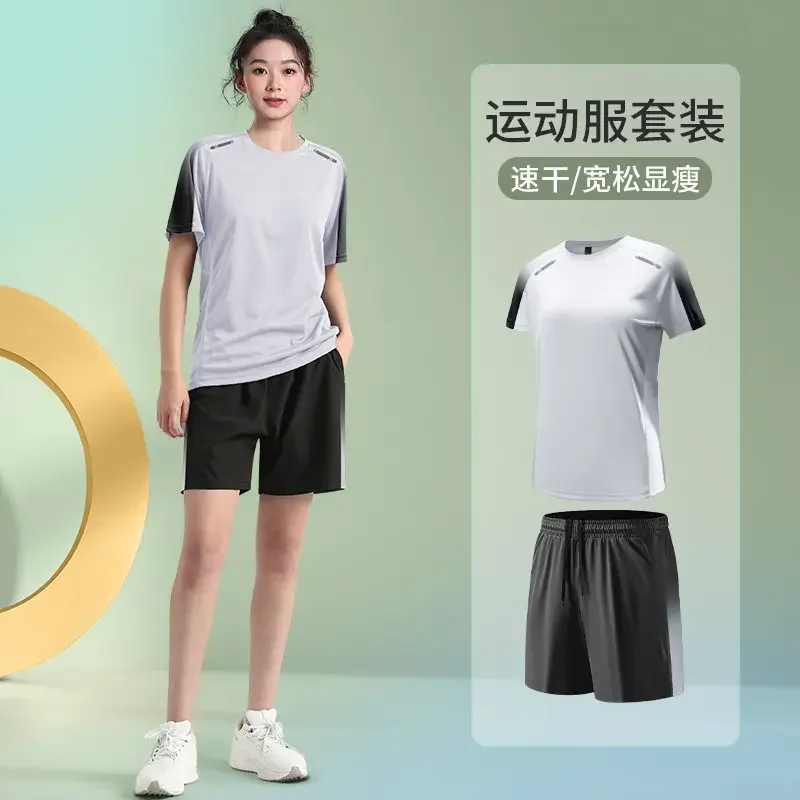 Damen Sommer Eisseide Laufset Schnelltrocknend Kurzarm-T-Shirt & Shorts Übergröße Sportoutfit für Badminton, Fitness & Training