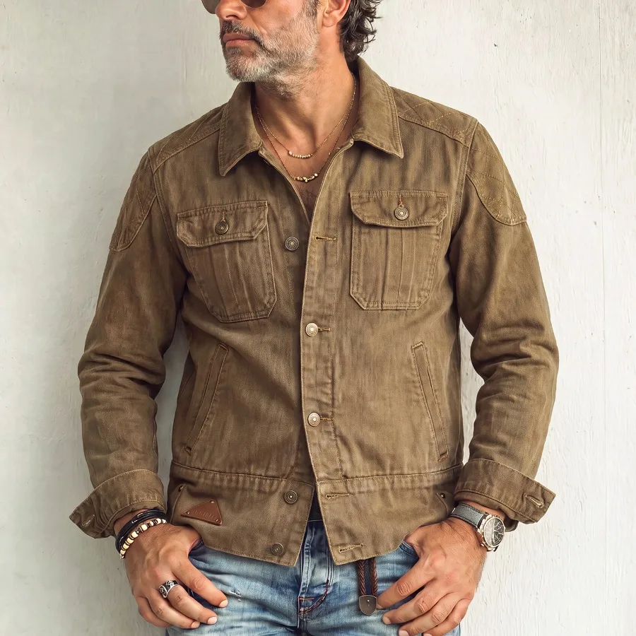 Men's Autumn Pure Cotton Cloth Workwear Jacket Retro Washed Pure Cotton Lapel Multi Pocket Jacket Top