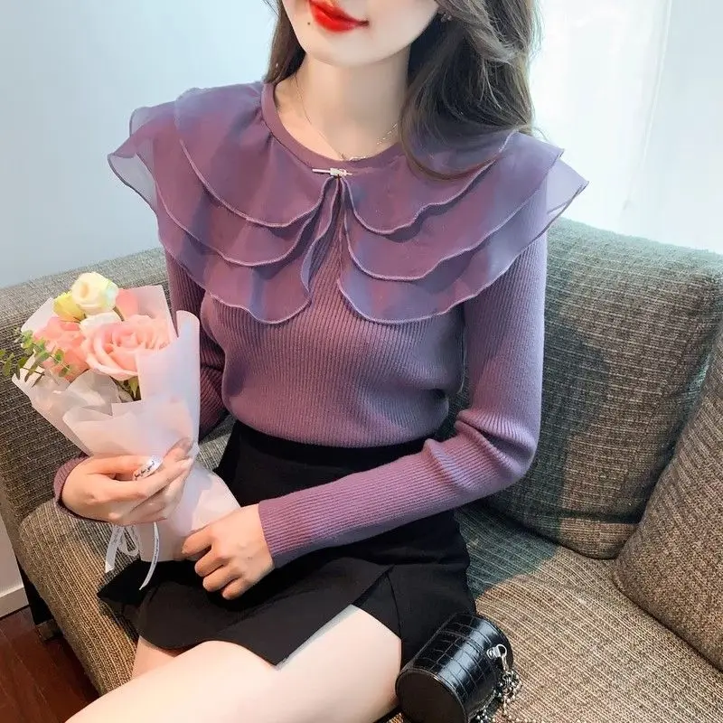 Autumn Winter New Ruffles Peter Pan Collar Knitting Sweater Long Sleeve Fashion Slim Bottoming Shirt Women Clothing Elegant Tops