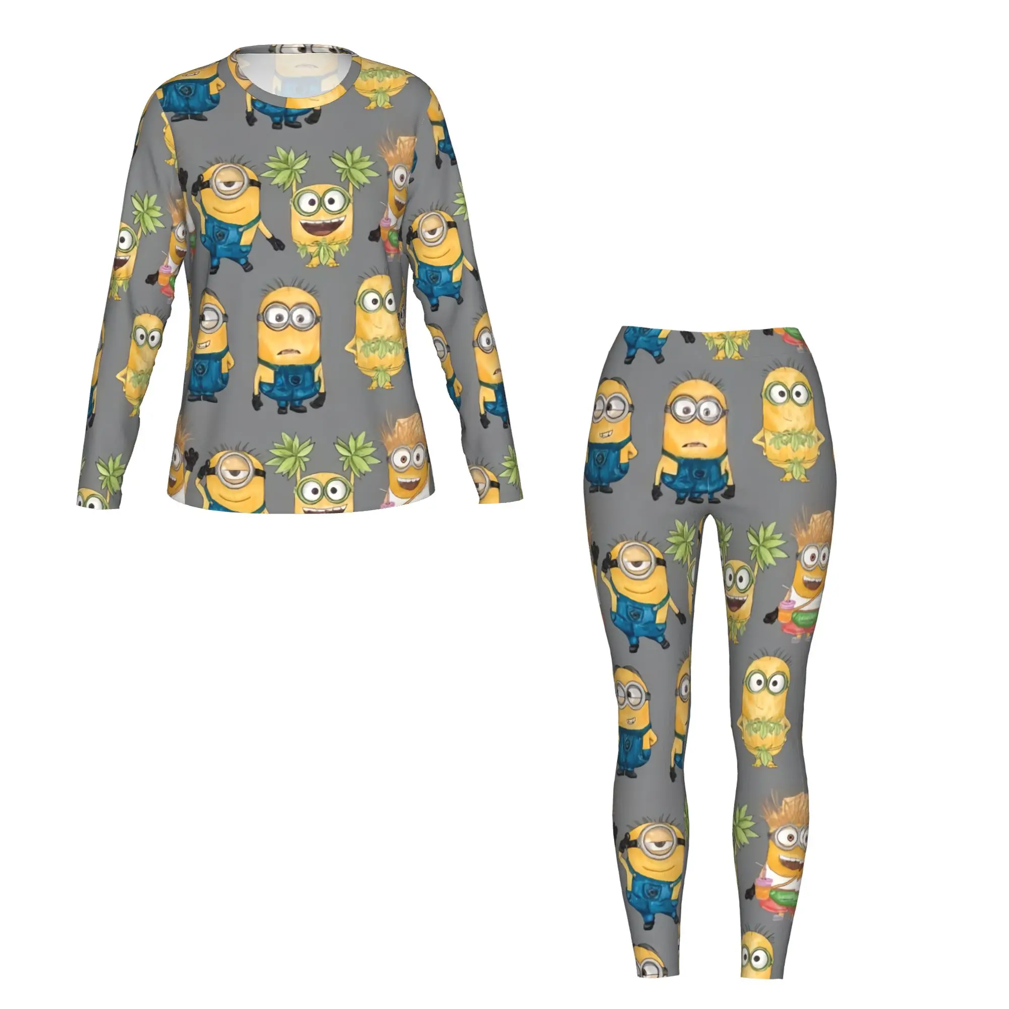 Женская футболка с длинными рукавами и леггинсами с милым принтом Minions, 2 шт., подходит для домашнего путешествия, фитнеса и т. д.