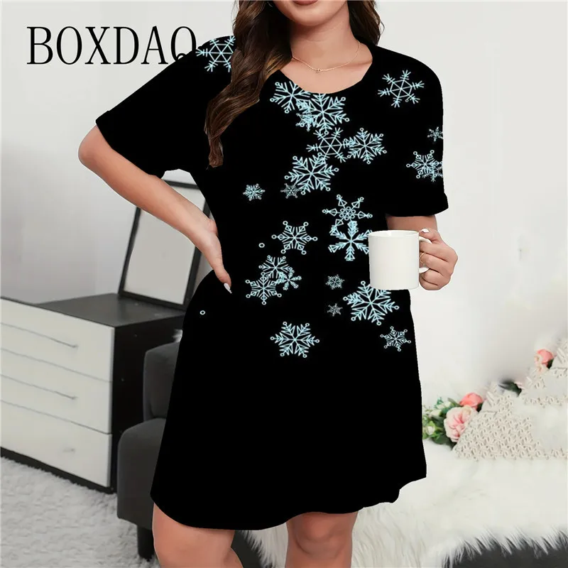 Plus Size stampa 3D abiti da donna elegante dolce fiocco di neve modello manica corta vestito Casual festa di natale Festival vestito femminile