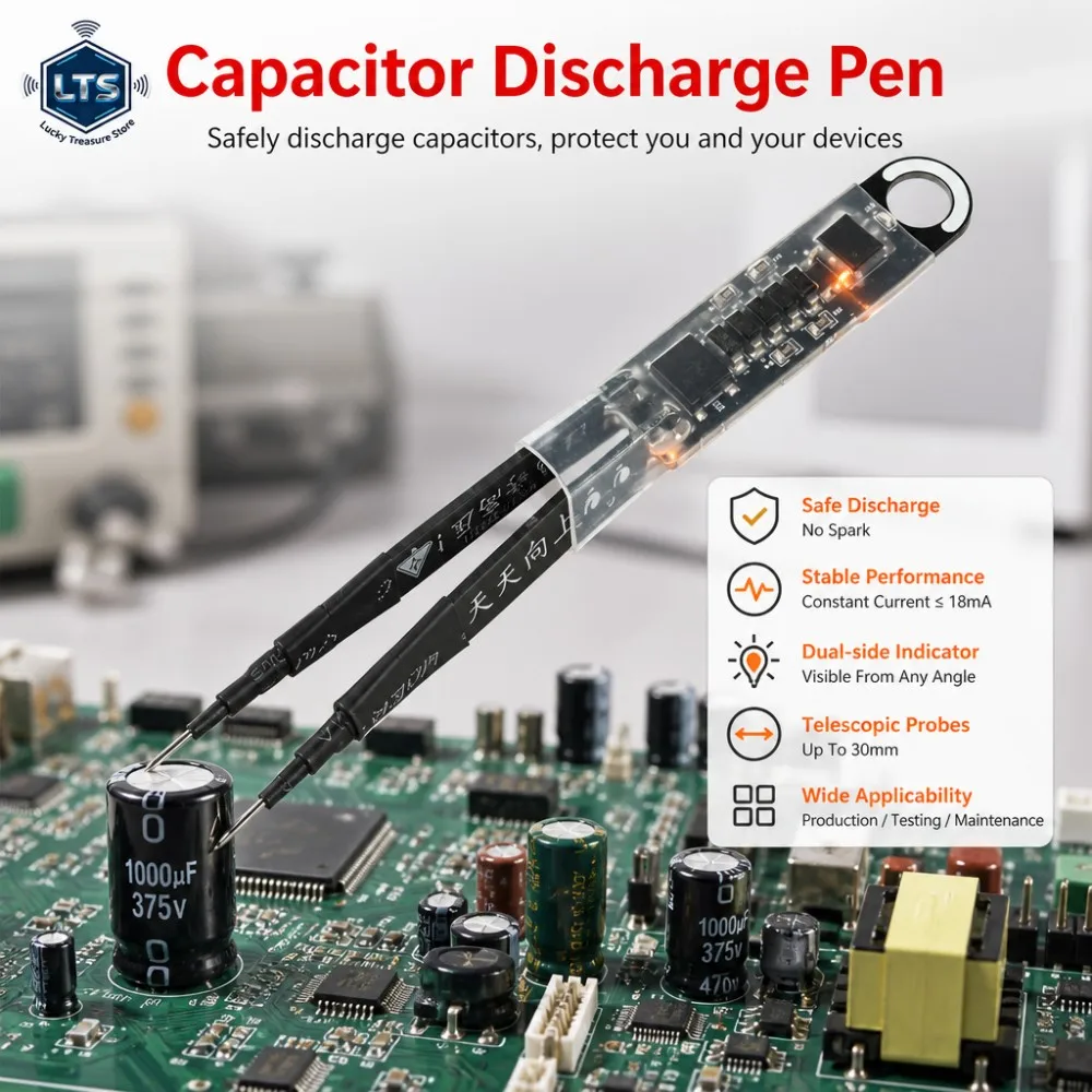 1000UF Capacitor Discharge Pen Constant Current Discharge Tool Double-Sided LED Indicator Tweezer Probe For PCB Repair Testing