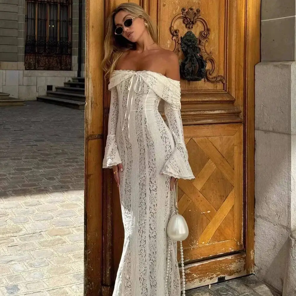 

White Off The Shoulder Autumn Bodycon 2025 Long Sleeve Elegant Lace Maxi Wedding Guest Dress For Women