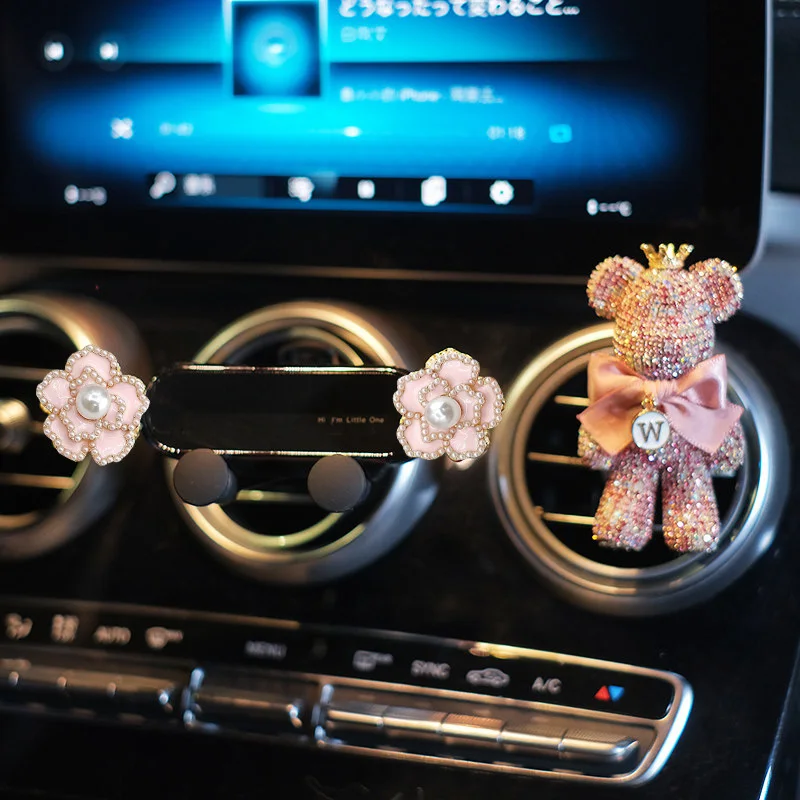

2pc/set New Pearl Flower Car Phone Holder in Car Cartoon Bear Air Vent Clip Mount Supports For iPhone Xiaomi Huawei Samsung