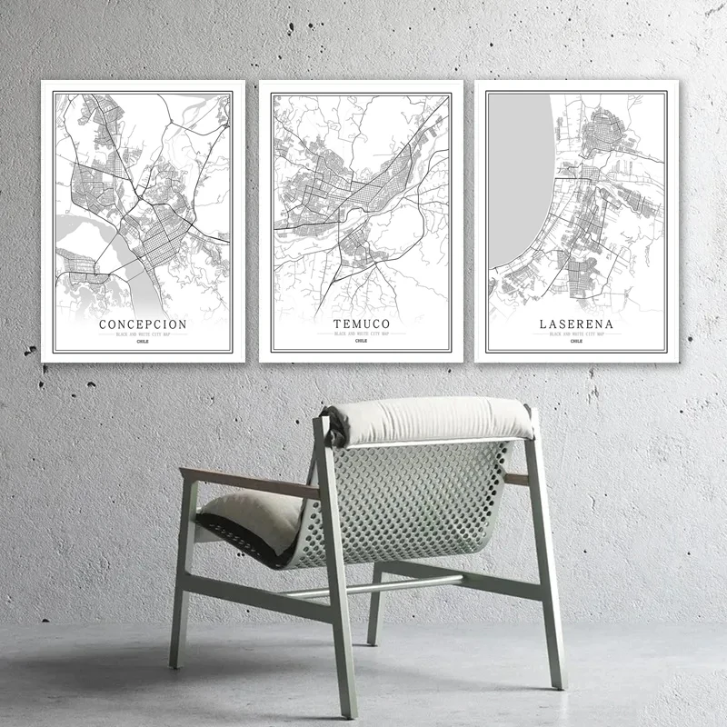 Chile Persönlichkeit Stadtplan Santiago Abstrakte Schwarz-Weiß Leinwanddruck Malerei Wandkunst Poster Büro Wohnzimmer Home Decor