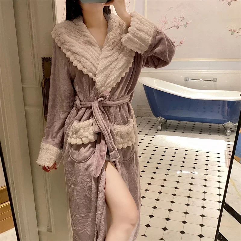 2023 Winter Long Sleeve Thick Warm Flannel Kimono Robes for Women Cute Lace Bathrobes Sleepwear Bath Robe Nightdress Night Dress