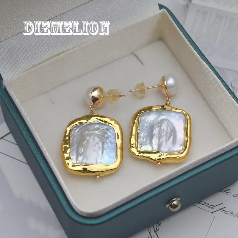 18K Gold Plated AAAA Natural Freshwater Square Baroque Pearl Dangle Earring for Women Party Handmade Drop Earring Fine Jewelry
