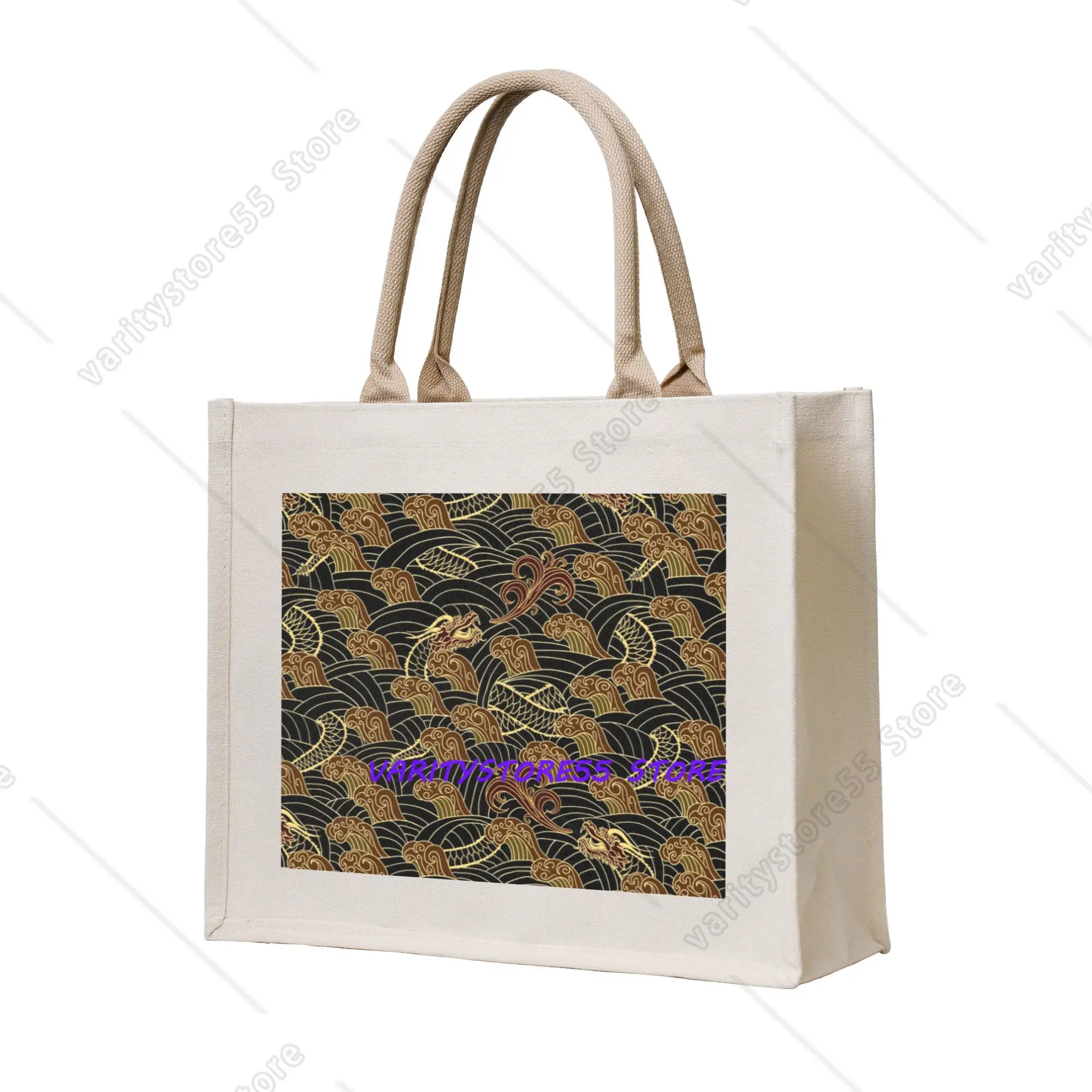Kawaii Black and Gold Dragons Shopping Tote Bags Portable Japanese Wave Grocery Shopper Shoulder Bag