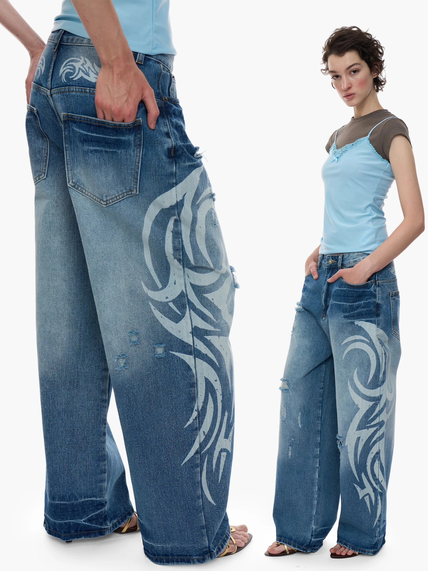 Jeans in denim larghi a gamba larga da donna Y2K Millennium Trendy Print Hole Casual Sle l Jeans in vita da donna Faion