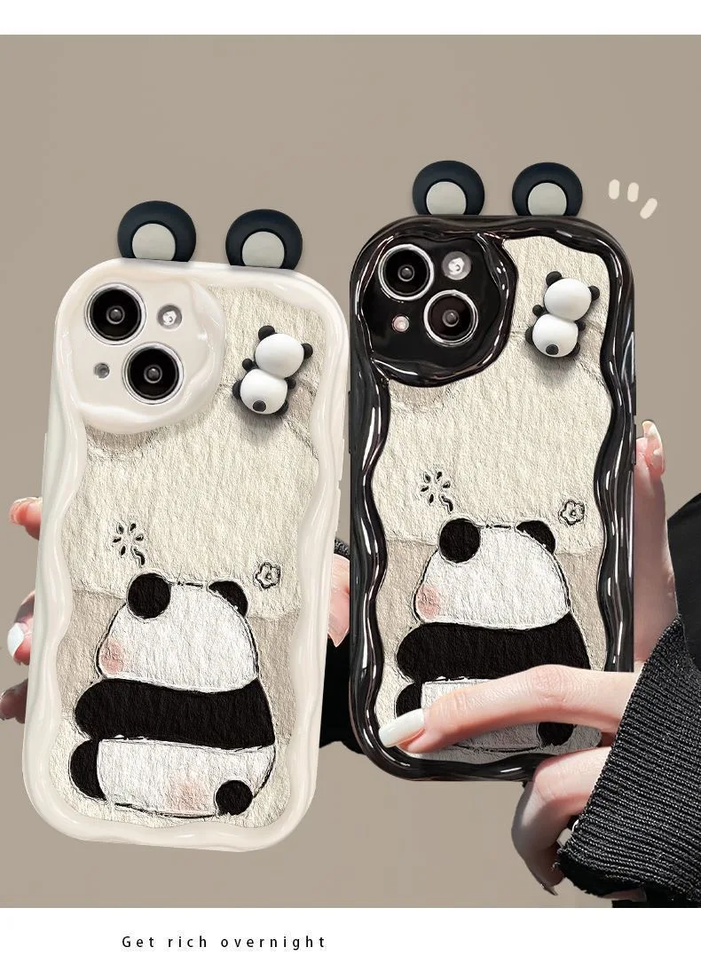 Korean Cute 3D Eyes Panda Phone Case For iPhone 15 14 13 12 11 Pro Max X XR XSMAX SE 8 7 Plus Wavy cream Silicone Cover L-Loopys