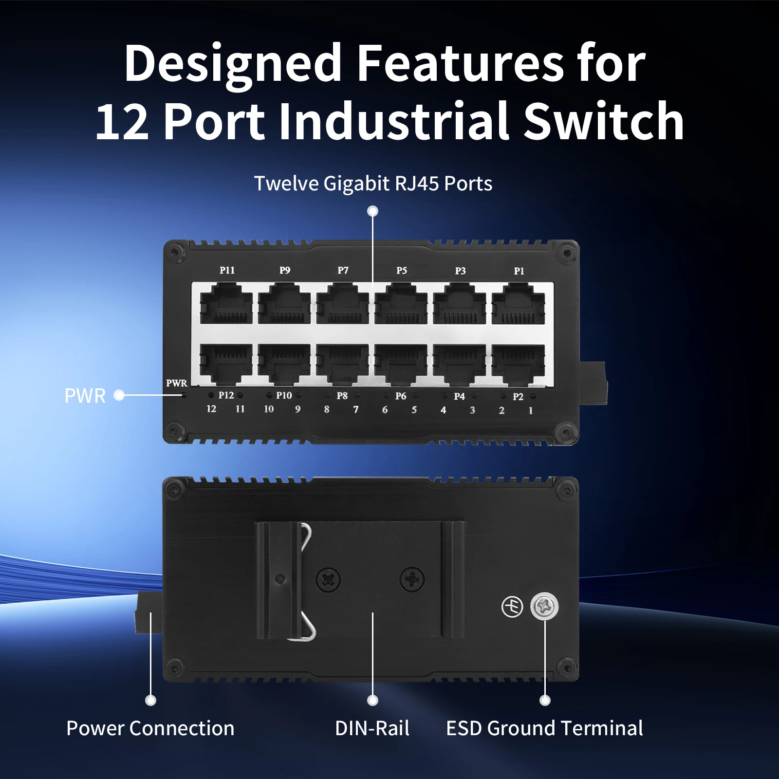 12 Port Gigabit Industrial PoE Switch, DIN-Rail Unmanaged Ethernet, 802.3af/at 30W 60W for IP Cameras & Wireless AP