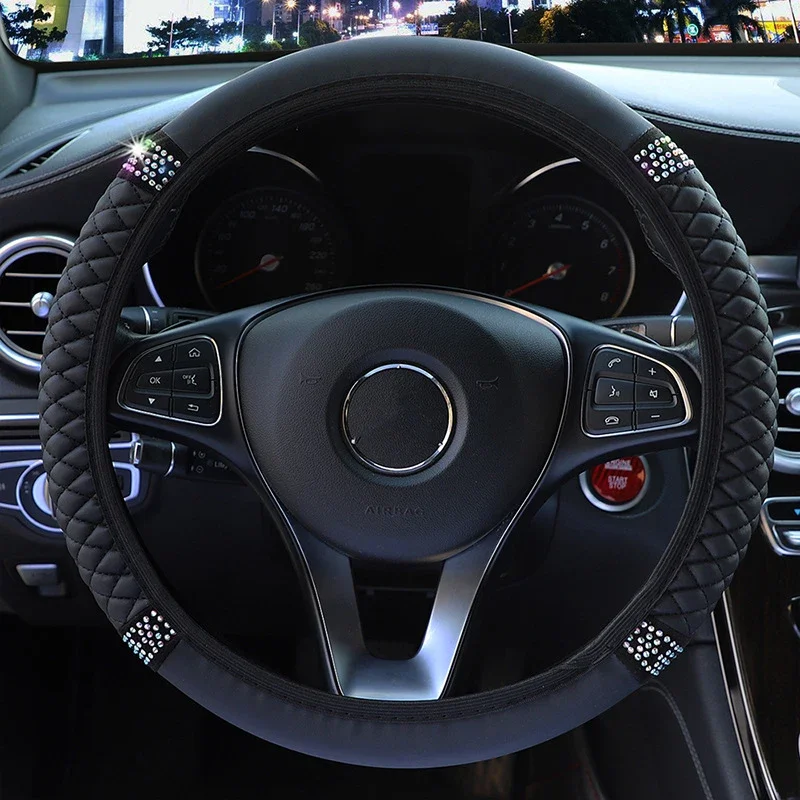 Universeller Auto-Lenkradbezug, 37–38 cm, Leder, bestickt, mit Diamanten besetzt, elastisch, für vier Jahreszeiten – Detail 5