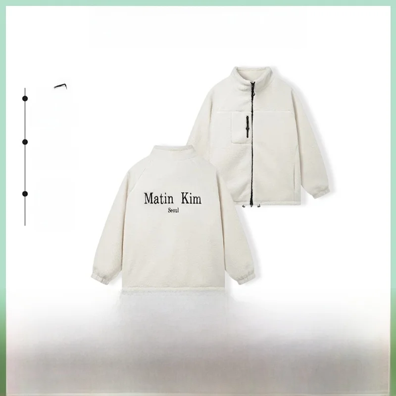 Lamb Fur Embroidered Letter Jaet Dili Reba Commute Sle Loose Fit Zipper ket Long Sve Stand Collar Thiened Women's...