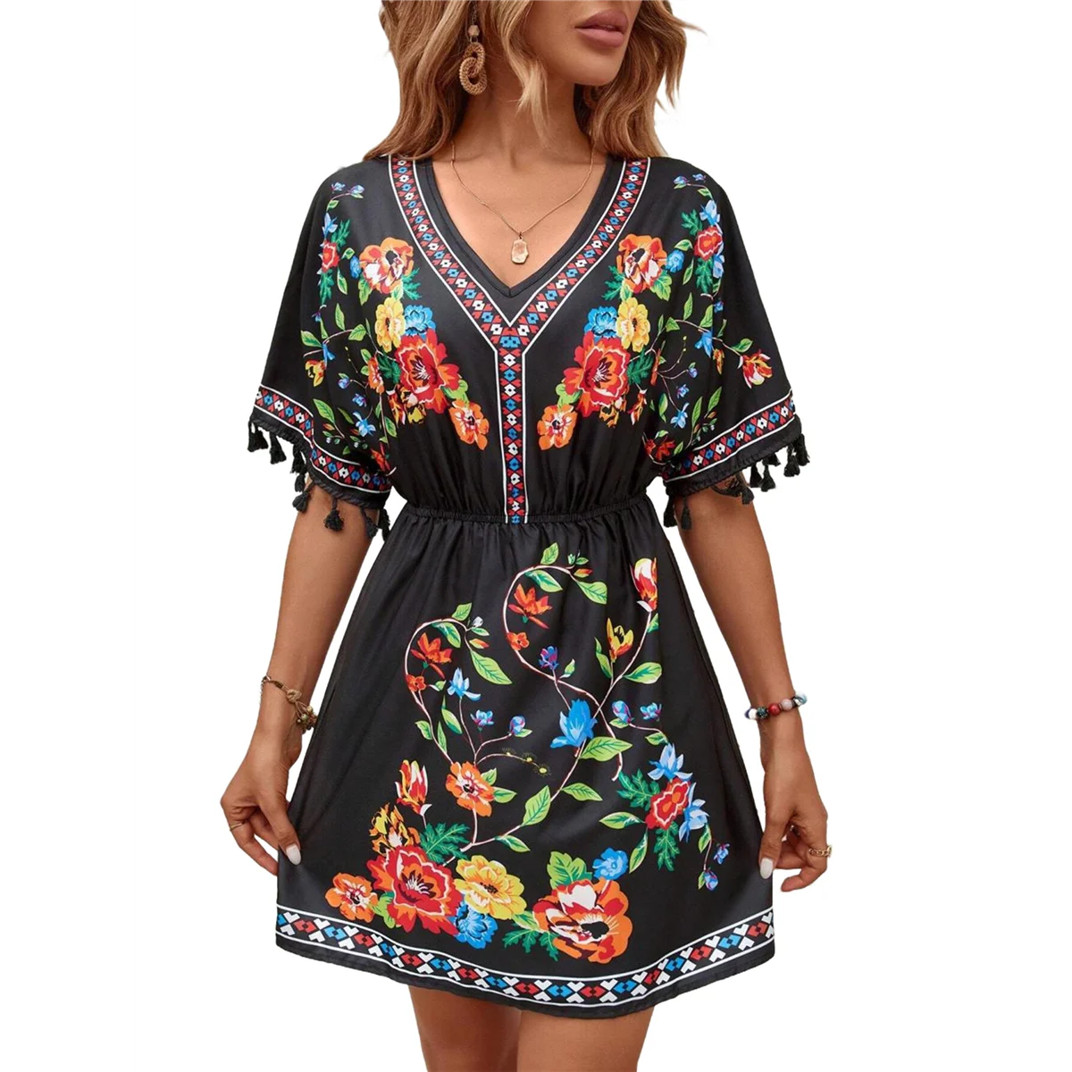 فستان مكسيكي مطرز من FZFZ Fiesta للنساء مقاس كبير فساتين بوهو صيفية بأكمام قصيرة مع جيب أسود XXL