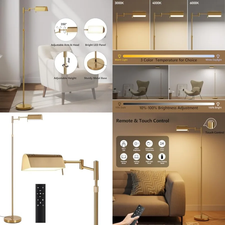 

Dimmable LED Pharmacy Floor Lamp, 16W/1500LM Bright Reading Floor Lamp with Remote and Touch Control, 350°Swing Arm, Adjustable