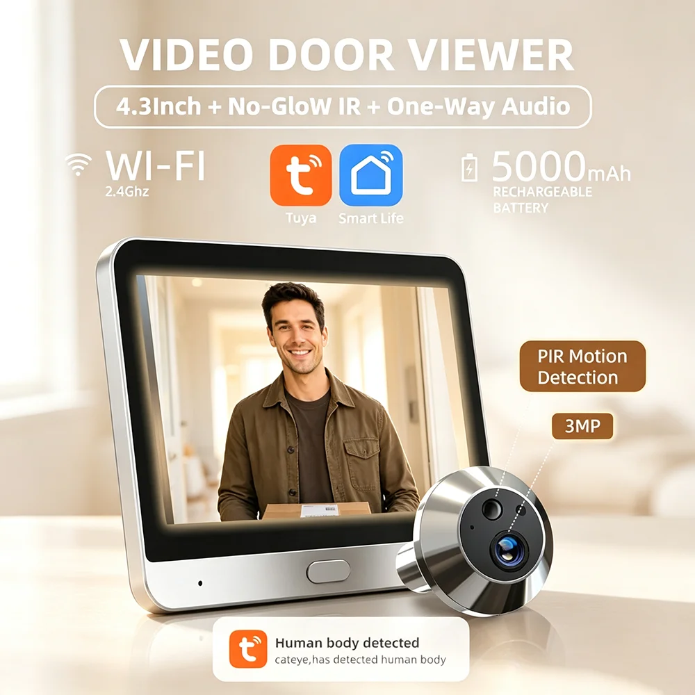 Home Security Front Door Camera - กล้องตาแมวประตูดิจิทัลไร้สาย 3MP กล้องตาแมว Tuya WiFi จอภาพ