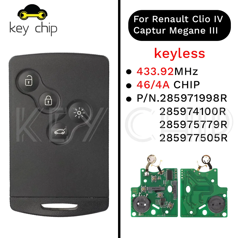 For Renault Clio IV Captur 285971998R PCF7953M 46chip 4A Chip 433 MHZ Keyless Smart Key 2009 2010 2011 2012 2013 2014 2015 2017