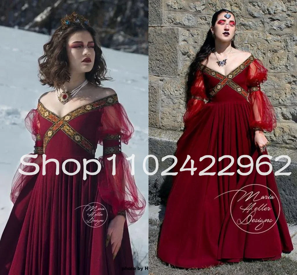 Burgundy Fairy Long Sleeve Renaissance Prom Dresses Full length Medieval Cosplay Halloween Costume Evening Dress customsized