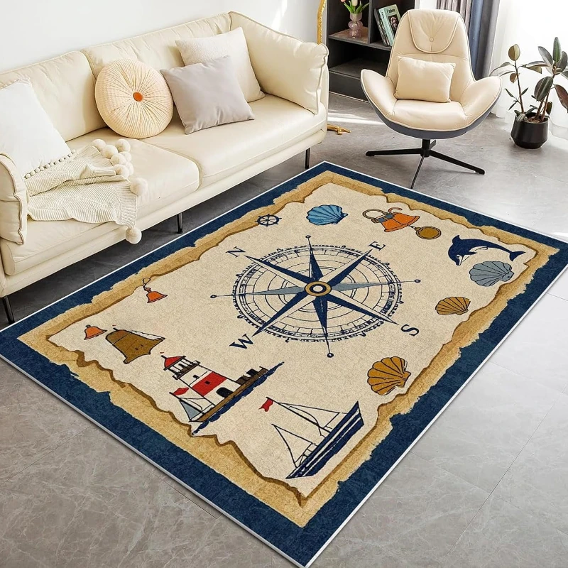 Vintage Nautical Compass Rugs Washable Compass Area Rugs,Cute Lighthouse Whale Shell Carpet,Nautical Theme Non Slip Floor Mat