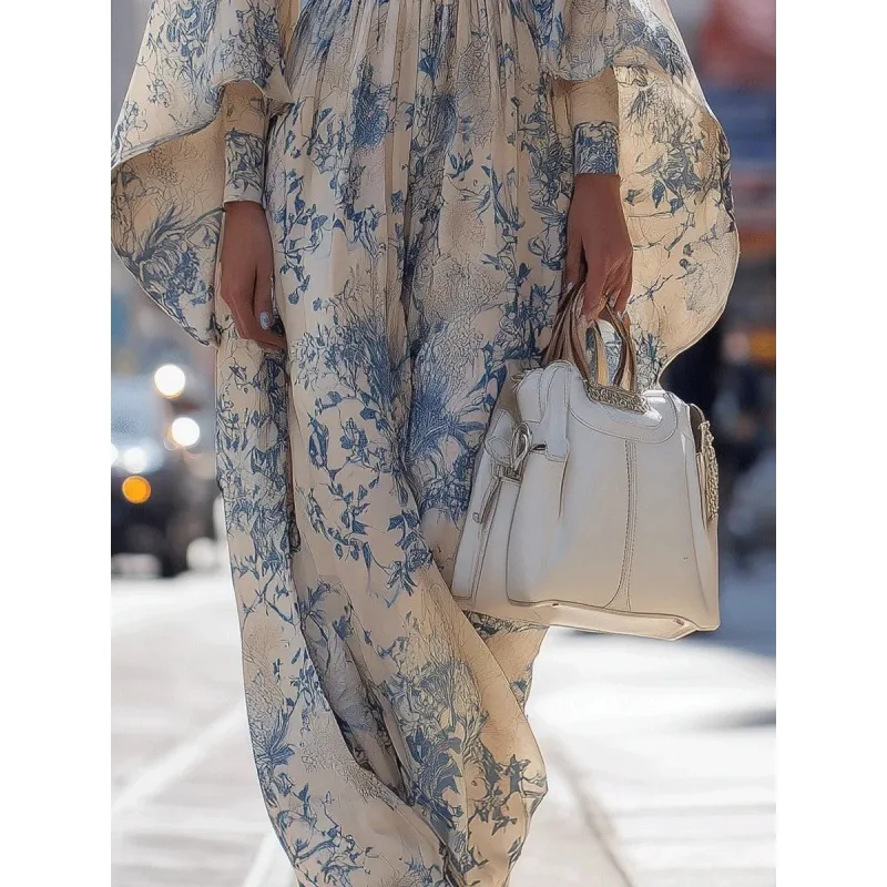 ティナ スカイブルー 花柄プリント ロングドレス レディース 2026 春夏新作 ルーズフィット バットウィングスリーブ Oネック エレガントドレス 196197