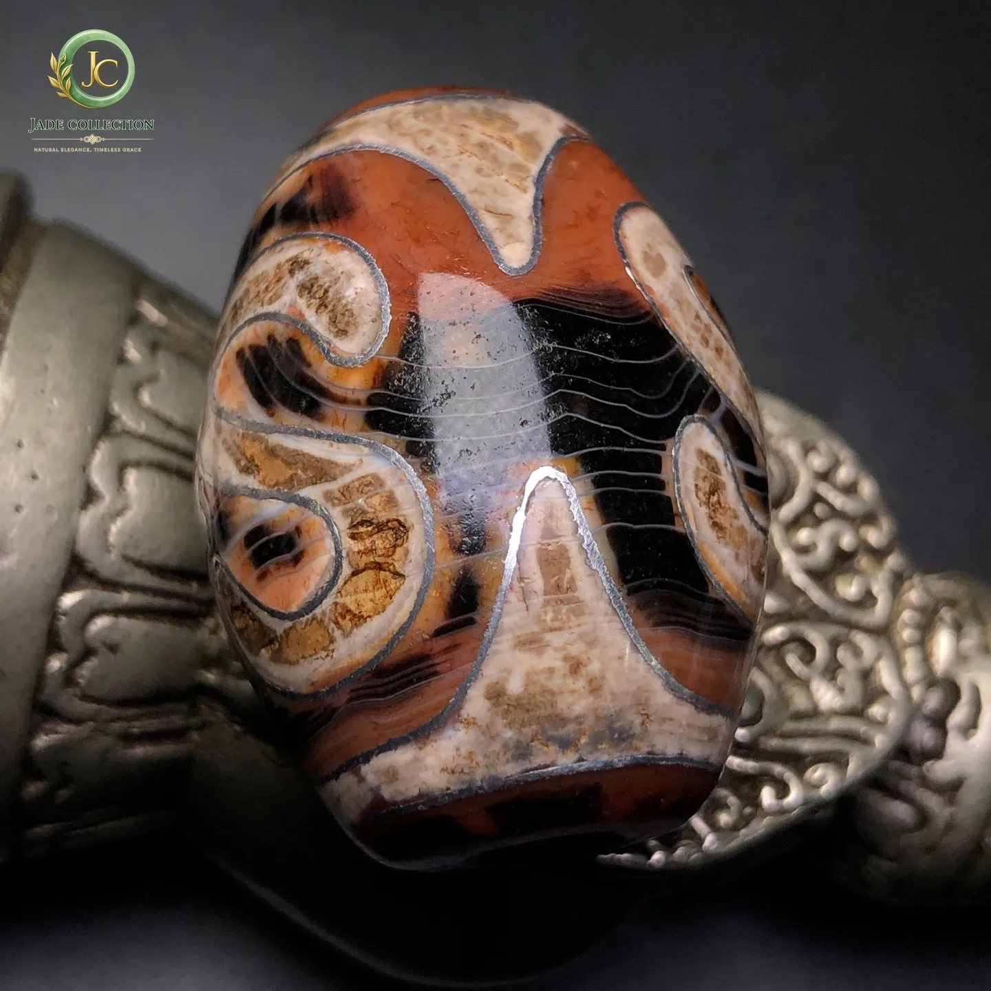 Tibetan Buddhism Agate Inlaid Silver Wire S Money Hook Dzi Bead Pendant Z1974