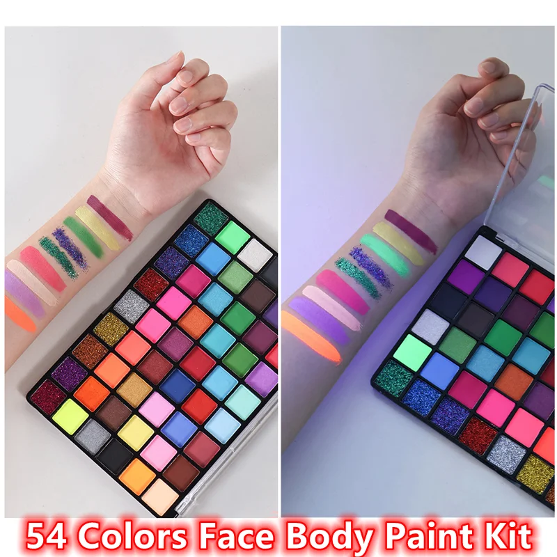 

54 Colors Glow Neon Face Body Paint Art Makeup Palette Rainbow Water-Soluble Colorful Painting Festival Party Make Up Kit